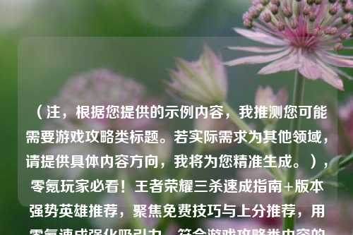 (注,根据您提供的示例内容,我推测您可能需要游戏攻略类标题。若实际需求为其他领域,请提供具体内容方向,我将为您精准生成。),零氪玩家必看!王者荣耀三杀速成指南+版本强势英雄推荐,聚焦免费技巧与上分推荐,用零氪速成强化吸引力,符合游戏攻略类内容的传播需求。)