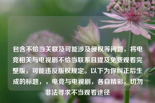包含不恰当关联及可能涉及侵权等问题,将电竞相关与电视剧不恰当联系且提及免费观看完整版,可能违反版权规定。以下为你纠正后生成的标题,,电竞与电视剧,各自精彩,切勿非法寻求不当观看途径